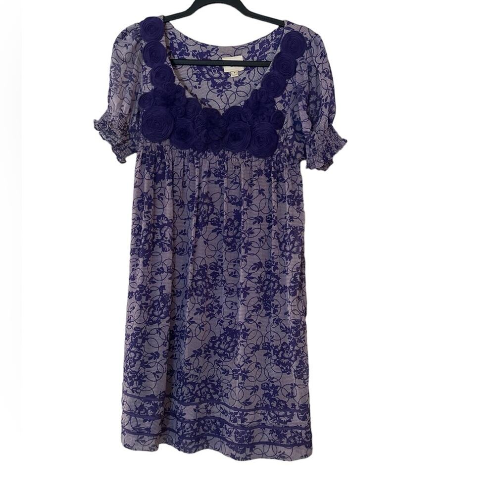 Eci New York Chiffon Women's Purple Floral Dress Flower Appliqués, Size 6